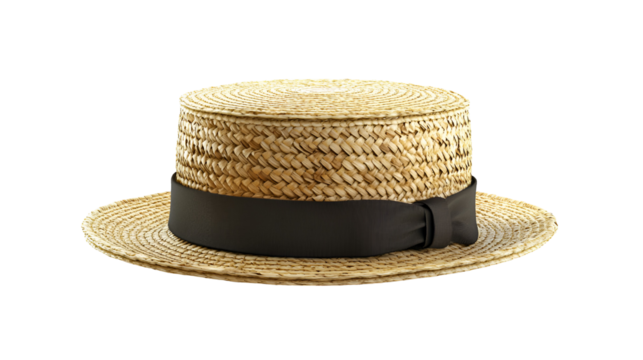 Classic Straw Boater Hat with Black Ribbon and Bow on a Transparent Background for Formal Style