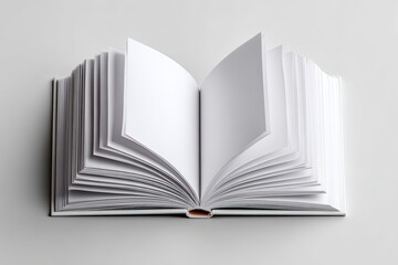 A pristine white book lies open, showcasing blank pages fanned elegantly, against a light grey background