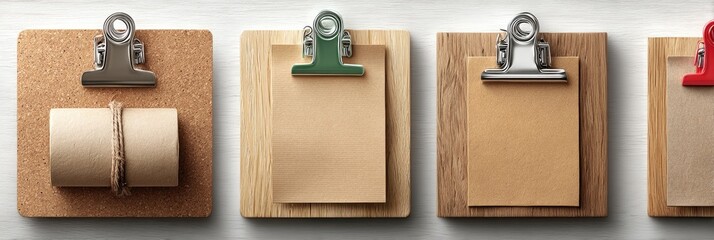 Four mini wooden clipboards display blank tan notepads; one features a rolled paper and twine