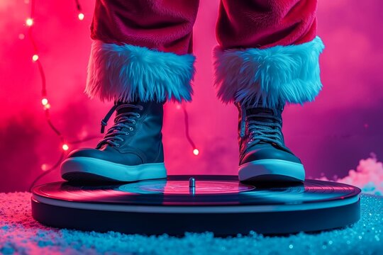 A person in a santa suit standing on top of a turntable