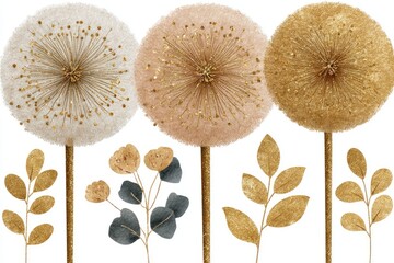 Three stylized dandelion clocks in blush, cream, and gold, accented with gold and grey-green foliage on white