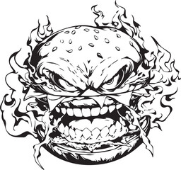 Angry Burger: A striking graphic of an enraged hamburger, showcasing fierce flames and a menacing expression, perfect for conveying the thrill of a fiery culinary experience.