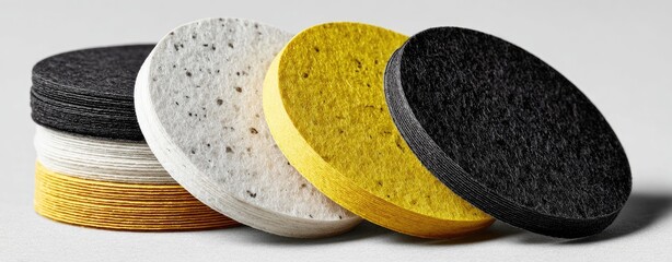 Four stacks of round, multicolored felt pads, varying in shades of black, gray, white, and yellow, displayed on a light gray surface