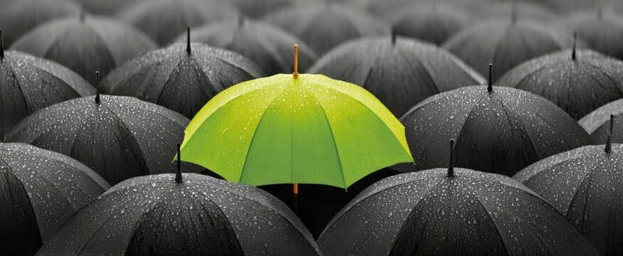 A single vibrant green umbrella stands out amongst numerous rain-soaked black umbrellas