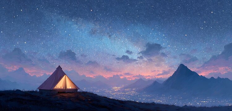 Illuminated tent on hillside under sunset merging with starlit mountain backdrop