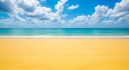 Golden Sandy Beach Meets Turquoise Ocean Under Sunny Cloudy Skies