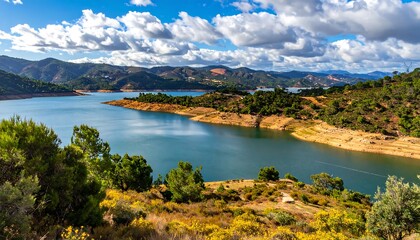 A tranquil reservoir nestled within a picturesque mountain landscape, showcasing a serene blue-green body of water, surrounded by lush greenery and rolling hills under a vibrant sky.