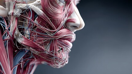 Anatomical Study of Facial Muscles: An intricate, close-up view presents a detailed 3D model of human facial muscles, blood vessels and nerves against a smooth, gradient background.