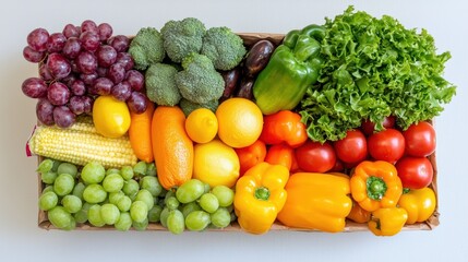 A grocery bag with a mix of fresh and packaged goods, arranged in a symmetrical composition on a neutral background.