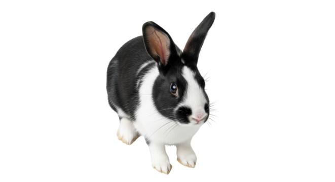 Isolated Dutch rabbit looking at camera, studio shot of black and white domestic pet bunny