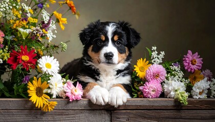 Adorable Bernese Mountain Dog Puppy Surrounded by Vibrant Spring Flowers.