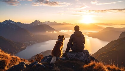 Obraz premium A man and his dog sit on a mountaintop, taking in a breathtaking sunrise view over a tranquil lake and majestic peaks.