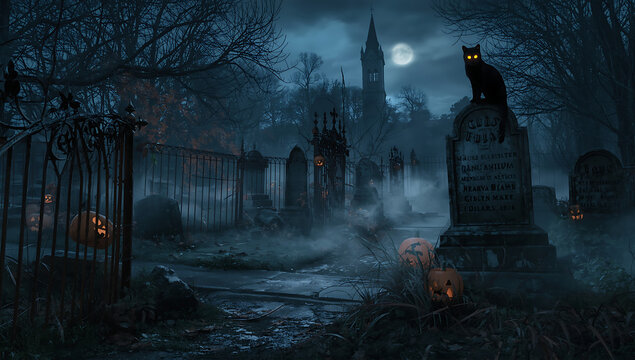 Mysterious and eerie halloween graveyard scene with a black cat perched on a tombstone under a full moon with fog and spooky trees creating a haunting atmosphere