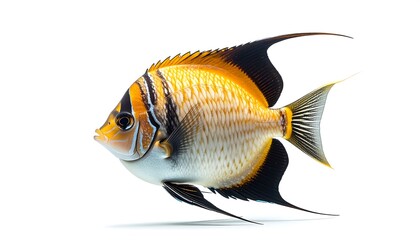 A profile view of a vibrantly colored angelfish, showcasing its intricate patterns and graceful form against a pure white background.