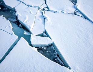 Broken ice floes on a frozen body of water
