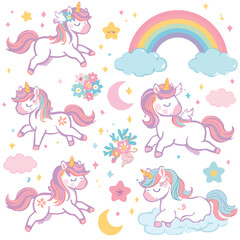 Several cute pink haired unicorns stars moon and rainbow.
