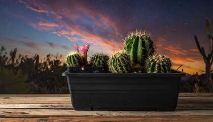 A grouping of desert succulents in a dark planter sits on a wooden surface against a backdrop of a colorful desert sunset and night sky.