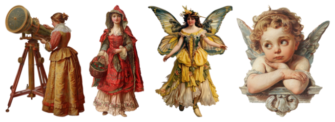 PNG Vintage whimsical costume illustration, element set on transparent background