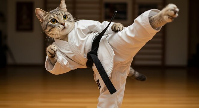 Cat in Karate Gi Performing High Kick in Martial Arts Dojo