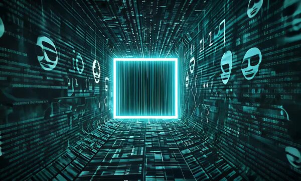 A Digital Tunnel Filled With Twisting Code And Abstract Faces Creating An Immersive Space