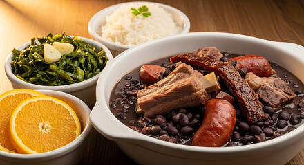 Authentic Brazilian Feijoada Served with Orange Slices and Collard Greens