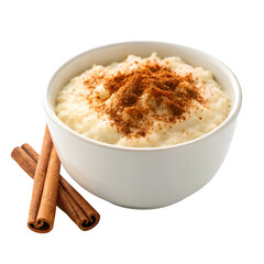 White Bowl of Rice Pudding Topped with Cinnamon and Cinnamon Sticks dessert sweet