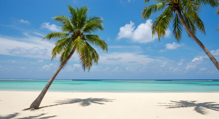 Obraz premium Idyllic Tropical Beach with Palm Trees White Sand and Turquoise Water under Cloudy Blue Sky