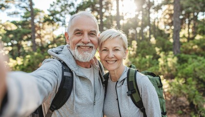 Portrait of couple of old seniors taking a selfie together in the mountain forest looking at the camera smiling having fun enjoying.