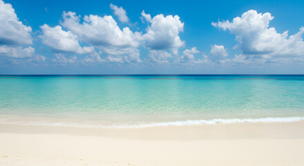 Fototapeta premium Idyllic Tropical Beach with Turquoise Water and White Sand Under a Cloudy Sky in Bright Daylight