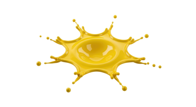 Isolated vibrant yellow liquid splash forming a starburst shape, studio shot with crisp focus