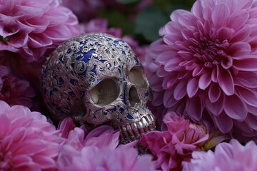 Ornate skull amidst a profusion of vibrant pink flowers, showcasing intricate silver filigree designs.