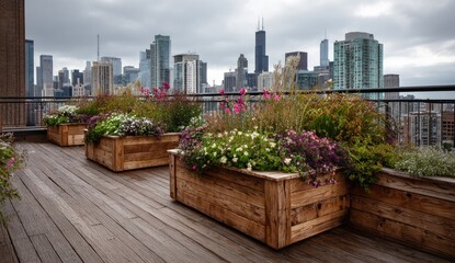 Fototapeta premium Rooftop garden with wooden planters, city view