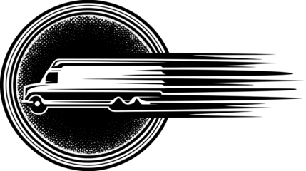 Black and white halftone fast vehicle graphic illustration isolated on white background
