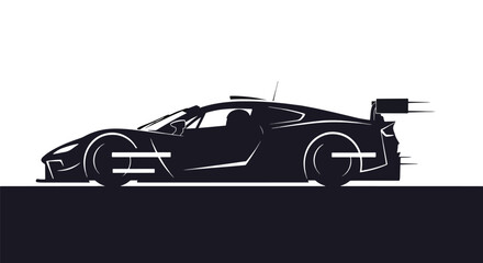 Obraz premium Silhouette of modern race car in black background, symbolizing motorsport, speed, and performance design.