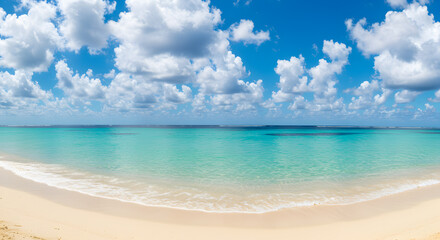 Fototapeta premium Panoramic Clear Turquoise Water Beach with White Sand and Cloudy Blue Sky