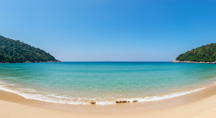 Picturesque Sandy Beach Landscape with Lush Green Hills and Clear Blue Sky Under Bright Sunlight in Tropical Paradise