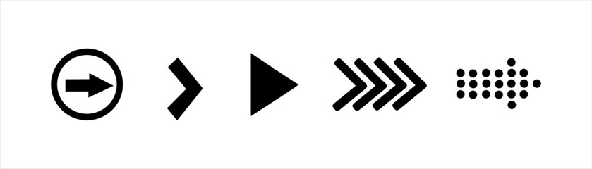 Set of black arrow symbols in various geometric and dotted styles. Right direction icons for navigation, next step, forward motion, UI design, presentation, infographic, or business interface.