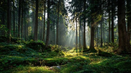 Obraz premium Ethereal Sunbeams Pierce the Misty Canopy of a Lush, Ancient Forest.