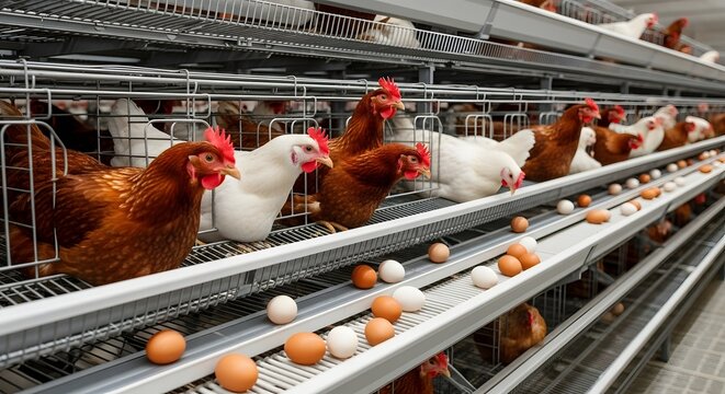 Layer of chicken cages in a modern poultry farm, with chickens and eggs.