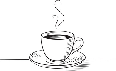Hand Drawn Steaming Coffee Cup on Saucer Illustration