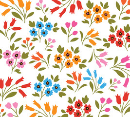 Hand drawn seamless pattern of blooming flowers and leaves. Floral colorful summer collection. Decorative doodle illustration for greeting card, wallpaper, wrapping paper, fabric, packaging