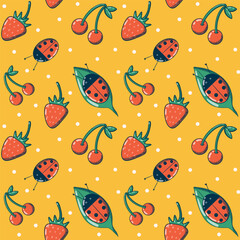 Ladybugs on leaves and red berries, bright seamless pattern on yellow background. Hand drawing in doodle style. For children’s, summer, nature-inspired concepts