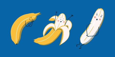 A set of funny comic banana characters in doodle style. Banana with peel, peeled banana. Hand drawn