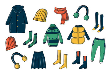 Warm autumn and winter clothing. A set of seasonal clothing and accessories, sweater, pants, coat, jacket, hat, socks, rain boots, isolated design elements on white background, hand drawing in doodle