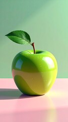 Vibrant Green Apple with Leaf on Pastel Background