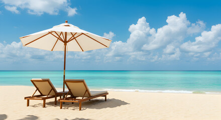 Fototapeta premium Sandy Beach Scene with Two Beige Loungers and Large Umbrella Under a Partly Cloudy Blue Sky