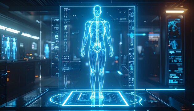 Futuristic biotechnology interface projecting a glowing human skeleton for advanced medical analysis and scientific research