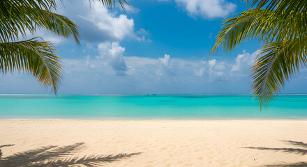 Obraz premium Sandy Beach with Turquoise Water and Palm Trees in Tropical Paradise Under Clear Blue Sky