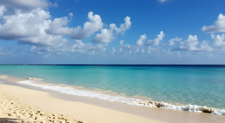 Obraz premium Sandy Beach with Turquoise Water Under a Cloudy Sky in Caribbean