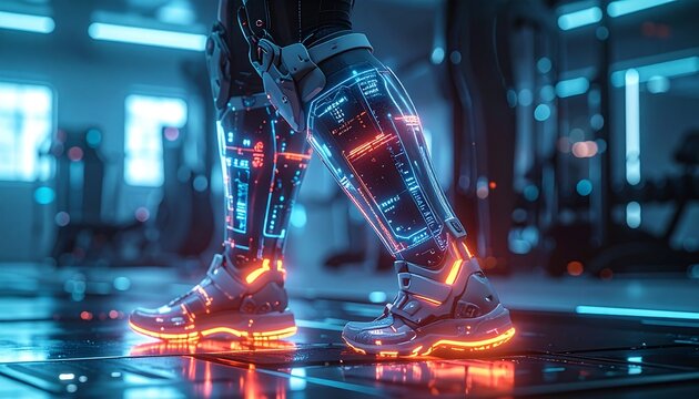 Futuristic athlete in glowing cybernetic legwear and shoes, training in a high-tech gym, representing advanced human performance and technological integration
